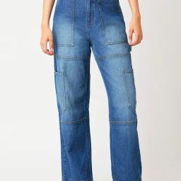 Globus Blue Cotton Regular Fit High Rise Cargo Jeans-image-49