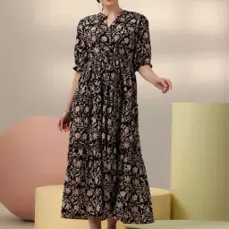 Libas Black Cotton Regular Fit Floral Dresses-image-17