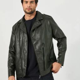 Styli Green Synthetic Leather Spread Collar Printed Jackets-image-65