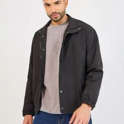 Styli Black Polyester Double Collar Printed Jackets-image-58