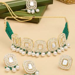 Zaveri Pearls Green Multistrand Choker Necklace Earring Maangtikka Ring Set-ZPFK17622-image-6