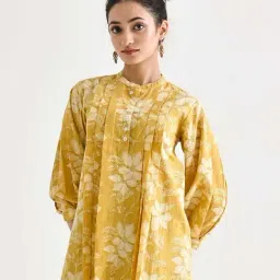 Rustorange Yellow Cotton Floral Print A Line Short Kurti-image-80