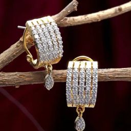 Zeneme Gold Plated American Diamond Studded Floral Shaped Huggie Earrings-10
