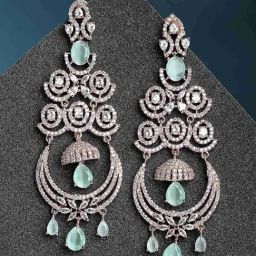 Zeneme Rose Gold Plated Mint Green American Diamond Studded Contemporary Chandelier Earrings-32