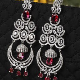 Zeneme Rhodium Plated Silver Toned Red American Diamond Studded Chandelier Earrings-29