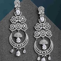 Zeneme Rhodium Plated Silver Toned American Diamond Studded Chandelier Earrings-25
