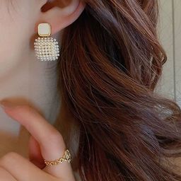 VAGHBHATT Gold-Plated Pearls Beaded Geometric Studs image 2