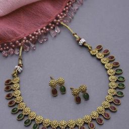 Zeneme Gold Plated Cubic Zirconia Studded Floral Theme Jewellery Set-14