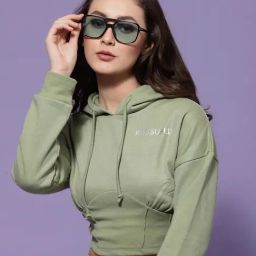 KASSUALLY Olive Fleece Graphic Print Crop Hoodie-14