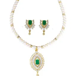 Sri Jagdamba Pearls Green & White Alloy Classic Necklace Set-1