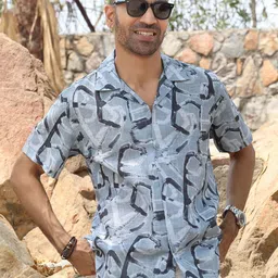 KRAFT INDIA Standard Abstract Printed Cuban Collar Cotton Linen Shirt-image-83