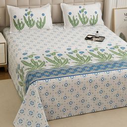 Story@home White & Green Ethnic Motifs Bedsheet with 2 Pillow Covers-image-70