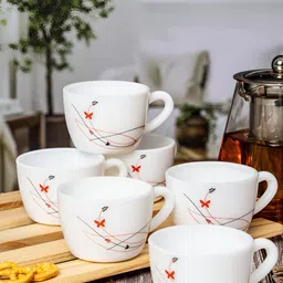 Cello White & Orange Floral Printed Opalware Glossy Mugs Set of Cups and Mugs-13