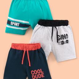 Teddy Cotton Knit Knee Length Shorts Text Print Pack of 3 - Melange Navy Blue & Rama Green-picture-24
