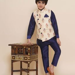 AJ Dezines Full Sleeves Solid Curved Hem Kurta & Pyjama With Vintage Flower Motif Self Designed Jacket - Navy Blue-image-30