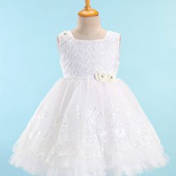 Bluebell Net Sleeveless Party Frock with Floral Applique - White-image-1