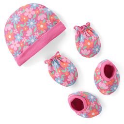 Babyhug 100% Cotton Cap Mittens And Booties Floral Printed - Pink-picture-17