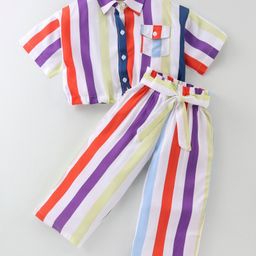 CrayonFlakes Rayon Half Sleeves Striped Shirt Style Crop Top & Palazzo Set - Off White-image-69