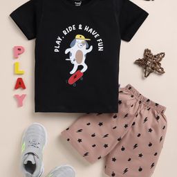 TOONYPORT Cotton Half Sleeves Dog Printed Tee & Shorts Set - Black-image-92