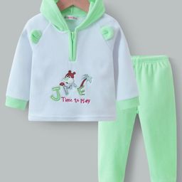 Kookie Kids Raglan Sleeves Hooded Front Zipper Winter Wear Suit With Text Embroidery - Green & White-image-84