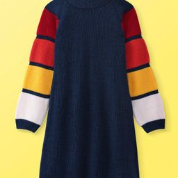 Hola Bonita Knitted Full Raglan Sleeves & Turtle Neck Sweater Dress with Color Block Print - Navy Blue-image-65