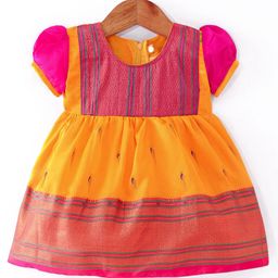 Bhartiya Paridhan Silk Woven Half Puff Sleeves Pleated Dress with Zari Border - Orange-image-96