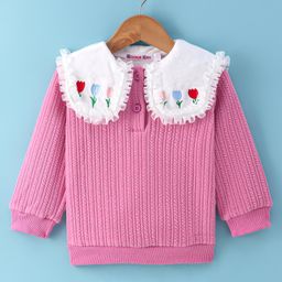 Kookie Kids Full Sleeves Winter Top with Floral Embroidery - Pink & White-image-99