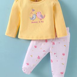 ToffyHouse Interlock Knit Full Sleeves Top & Legging Set With Bird Embroidery & Print - Yellow-picture-6