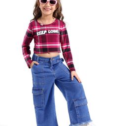 Ollington St. Cotton Knit Full Sleeves Checkered Top With Text Print & Denim Pants Set - Multicolor-image-15