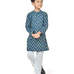 Teentaare Cotton Full Sleeves Kurta Pyjama Set with Floral Print - Dark Blue-image-74