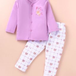 Simply Interlock Knit Full Sleeves Night Suit with Bear Print - Lilac-24