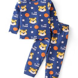 Babyhug Cotton Knit Full Sleeves Night Suit With Tiger Print - Navy-image-47