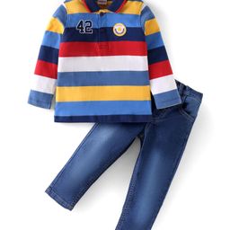 Babyhug Terry Knit Full Sleeves Striped Polo T-Shirt & Solid Denim Jeans Set - Blue-image-92