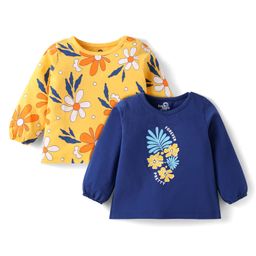 Doodle Poodle 100% Cotton Full Sleeves Tops with Floral & Text Pack of 2 - Navy Blue & Yellow-image-36