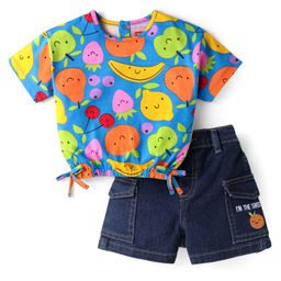 Babyhug Single Jersey Knit Half Sleeves Fruit Printed Top & Embroidered Denim Shorts Set - Blue-image-59