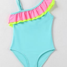 Mark & Mia One Shoulder V Cut Swimsuit with Frill Detailing - Aqua Blue-image-84