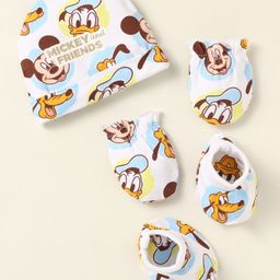 Babyoye Disney Interlock Knit Cap Mitten & Booties Set with Mickey & Friends Gold Foil Detailing White - Diameter 10 cm-17