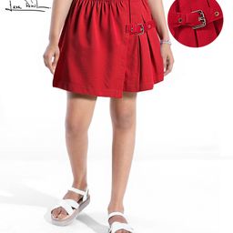 Arias Cotton Stretch WovenSolid Color Skort with Front Overlap Panel - Red-image-13