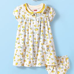Babyhug Cotton Woven Peter Pan Collar Puffed Half Sleeves Frock Bloomer & Headband With Floral Print - White-image-73