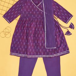 YU by Pantaloons Three Fourth Sleeves Floral Foil Printed Lace Embellished Kurta Pant With Dupatta Set - Purple-image-67
