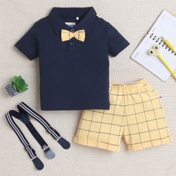 BUMZEE Cotton Knit Half Sleeves T-Shirt & Checkered Short Set with Suspender Bow - Navy Blue & Yellow-image-36