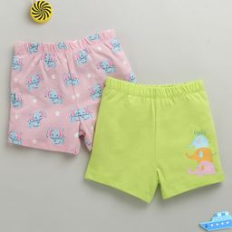 BUMZEE Cotton Knit Above Knee Length Elephant Printed Shorts Pack of 2 - Baby Pink & Green-image-89