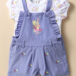 ToffyHouse Knitted Woven Half Sleeves Tee & Dungaree Set with Floral Print & Bunny Embroidery - Lavender-image-94