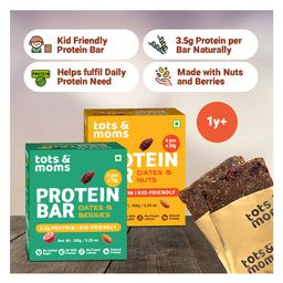 Tots & Moms Natural Protein Bars for kids - Dates, Nuts & Cranberries, Pack of 2 | 3.5g Protein per Bar | Rich in Fiber | Sweetened with Dates | (25g X 6) 150g - Each-63