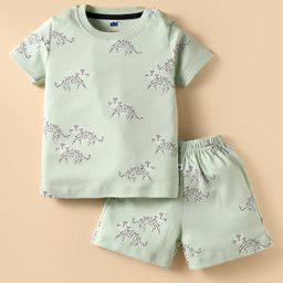 Simply Sinker Knit Half Sleeves Shorts Night Suit With Animal Print - Light Green-image-59