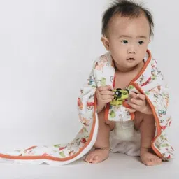 THE PLUSH CLUB Bamboo Farm Printed Hooded Towel - Orange & White-picture-18