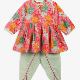 Campana 100% Cotton Woven Full Sleeves Floral Printed Dhoti Kurta Set - Pink & Pista Green-image-57