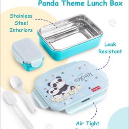 Babyhug Panda Print Lunch Box with Inner Container & Spoons - White & Light Blue image 2