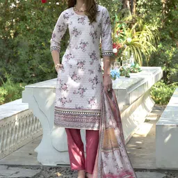 BE IN TEXO FAB Floral Embroidered Thread Work Pure Cotton Kurta With Trousers & Dupatta-image-51