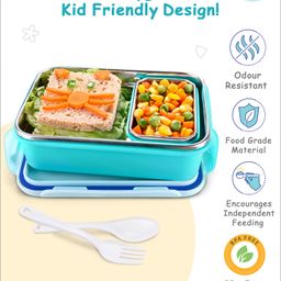 Babyhug Panda Print Lunch Box with Inner Container & Spoons - White & Light Blue image 3
